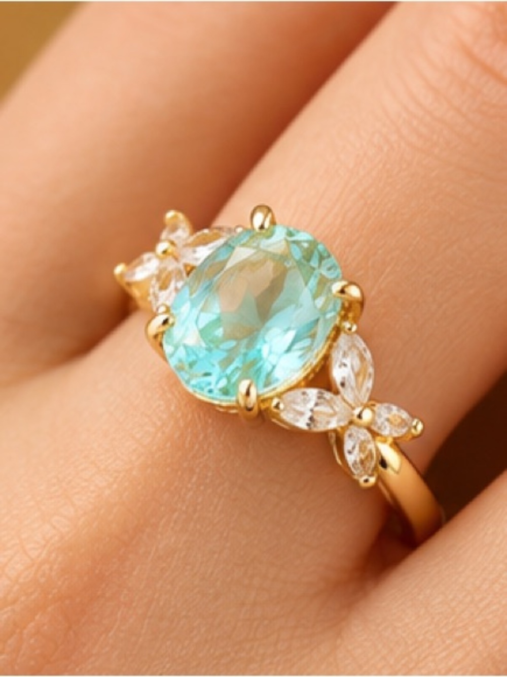 Aqua Blue Oval Stone Ring Gold Tone Floral Clear Stone Accents (R3)